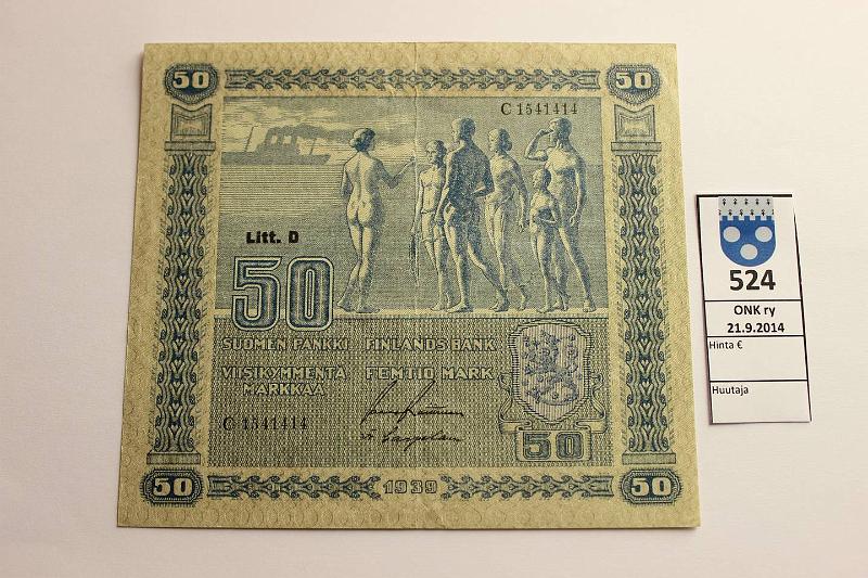 k-0524-a.jpg - Kohde 524, lhthinta: 25 € / myyntihinta: 25 € 50 mk 1939 LD SNY 168.2 C1541414 RAI-Car, vl II, kunto: 6