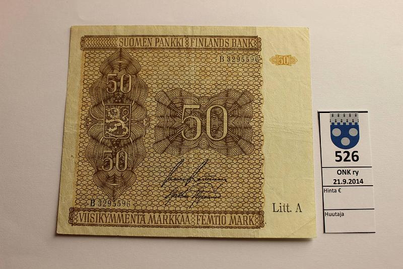 k-0526-a.jpg - Kohde 526, lhthinta: 20 € / myyntihinta: 20 € 50 mk 1945 LA SNY 169.1 A2760732 TUO-Car, laatta I, kunto: 5