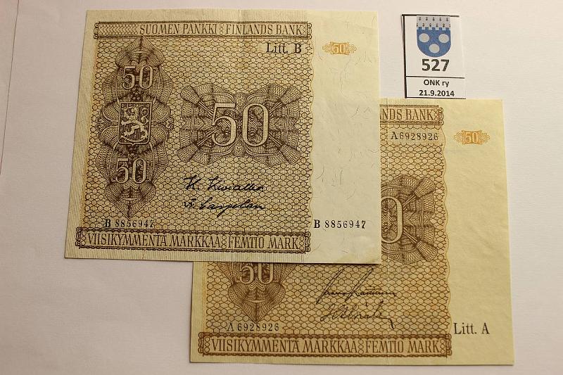 k-0527-a.jpg - Kohde 527, lhthinta: 20 € / myyntihinta: 22 € 50 mk 1945 LA, LB SNY 169.1, 169.4 LA I A692..RAI-Als; LB IV B885..KIV-Car, ptahra, kunto: 6,5