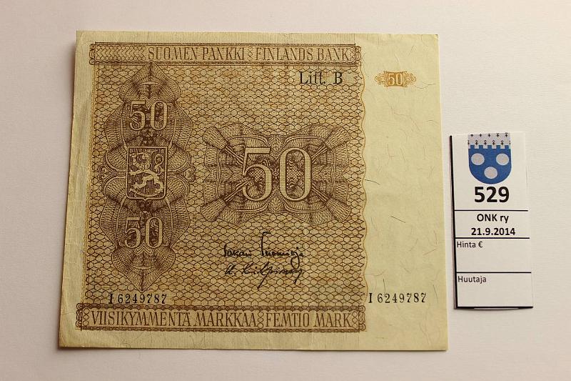 k-0529-a.jpg - Kohde 529, lhthinta: 5 € / myyntihinta: 17 € 50 mk 1945 LB SNY 169.4 I6249787 TUO-Kil, laatta IV, kunto: 5