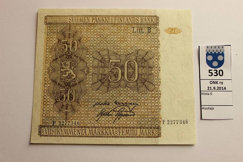 k-0530-a.jpg - Kohde 530, lhthinta: 15 € / myyntihinta: 25 € 50 mk 1945 LB SNY 169.4 F2277346 Kek-AAs, painumia, ei taitteita, kunto: 8