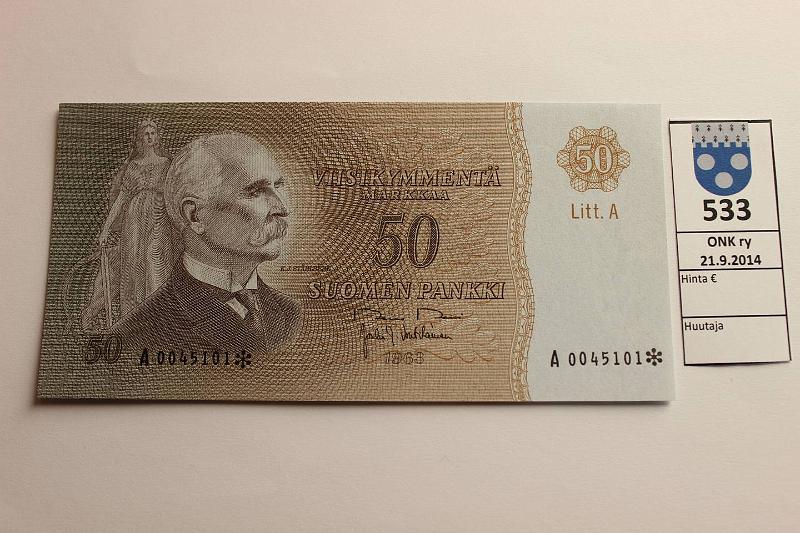 k-0533-a.jpg - Kohde 533, lhthinta: 1500 € / myyntihinta: 1650 € 50 mk 1963 LA A* SNY 170.4 A0045101* RO II-Vou, korvaava. Erittin harvinainen tss kunnossa!, kunto: 10