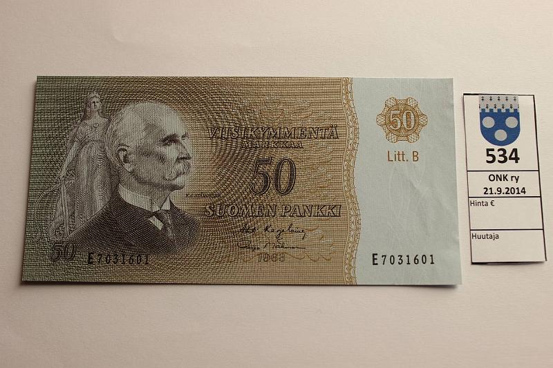 k-0534-a.jpg - Kohde 534, lhthinta: 25 € / myyntihinta: 42 € 50 mk 1963 LB SNY 170.5 E7031601 KA I-M1, ei taitteita, toisessa reun. hieman eloa, kunto: 8