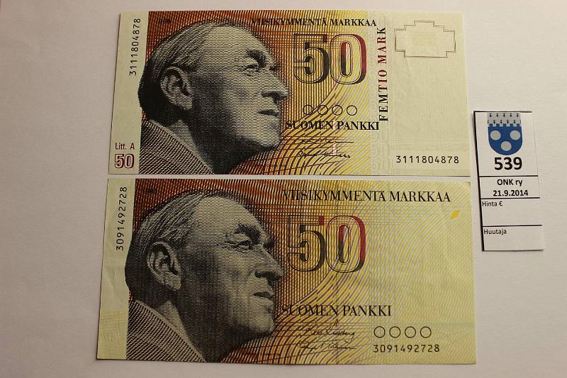 k-0539-a.jpg - Kohde 539, lhthinta: 25 € 50 mk 1986 ilman litt, LA SNY 172.1, 172.3. 309..KU I-M1; LA 311.. SOR-Ko2, kunto: 5,9