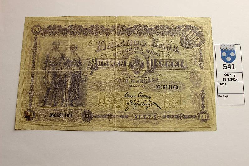 k-0541-a.jpg - Kohde 541, lhthinta: 100 € / myyntihinta: 120 € 100 mk 1898 SNY 175.3 0881100, COL-Jg, prep, preiki, tahra, kunto: 3