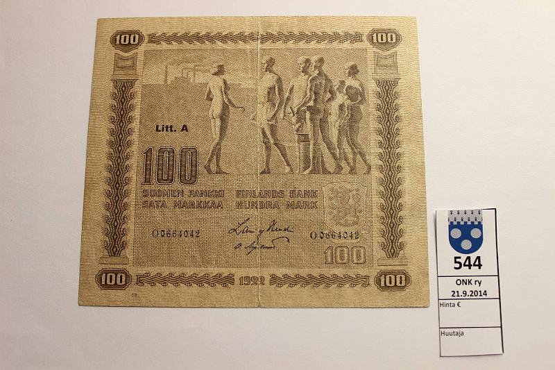 k-0544-a.jpg - Kohde 544, lhthinta: 80 € 100 mk 1922 LA SNY 178.2 O0664042 HEU-OAs laattan:o 53, rep, preiki, kunto: 3