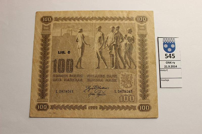 k-0545-a.jpg - Kohde 545, lhthinta: 40 € / myyntihinta: 40 € 100 mk 1922 LC SNY 178.5 L0878061 KAL-AAs, keskireik, kunto: 4