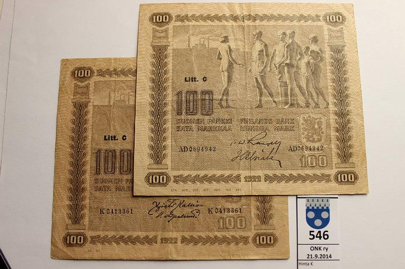 k-0546-a.jpg - Kohde 546, lhthinta: 30 € / myyntihinta: 90 € 100 mk 1922 LC (2) SNY 178.5 K0413361 KAL-OAs, harv. ak pari (v), AD0694942 RAN-Als, neulanreik, kunto: 4