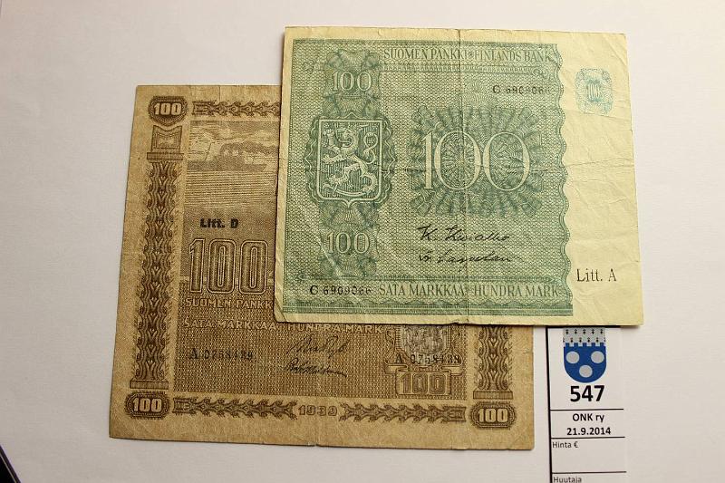 k-0547-a.jpg - Kohde 547, lhthinta: 7 € / myyntihinta: 12 € 100 mk 1939 LD, 45 LA SNY 179.1, 180.1 A0758439 RYT-Wah preiki, prep, vl1, harv. ak pari (v); C6909066 KIV-Car preiki, rep, kunto: 3