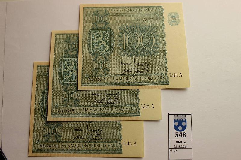 k-0548-a.jpg - Kohde 548, lhthinta: 150 € 100 mk 1945 LA (3) SNY 180.1 A8170431..-3 TUO-AAs, 3 perkkist, pieni painauma, viimeisess paperi takana ruskehtava, kunto: 9