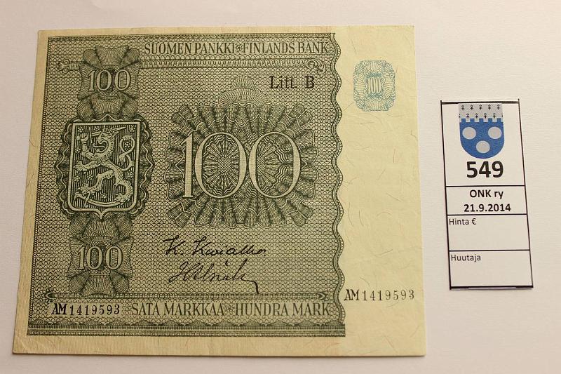 k-0549-a.jpg - Kohde 549, lhthinta: 8 € / myyntihinta: 11 € 100 mk 1945 LB SNY 180.2 AM1419593 KIV-Als, kunto: 5