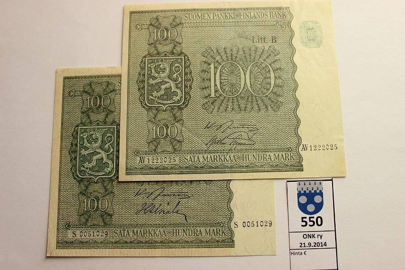 k-0550-a.jpg - Kohde 550, lhthinta: 20 € / myyntihinta: 26 € 100 mk 1945 LB (2) SNY 180.2 S0051029 JUT-Als, AV1222025 JUT-AAs, kunto: 7,6