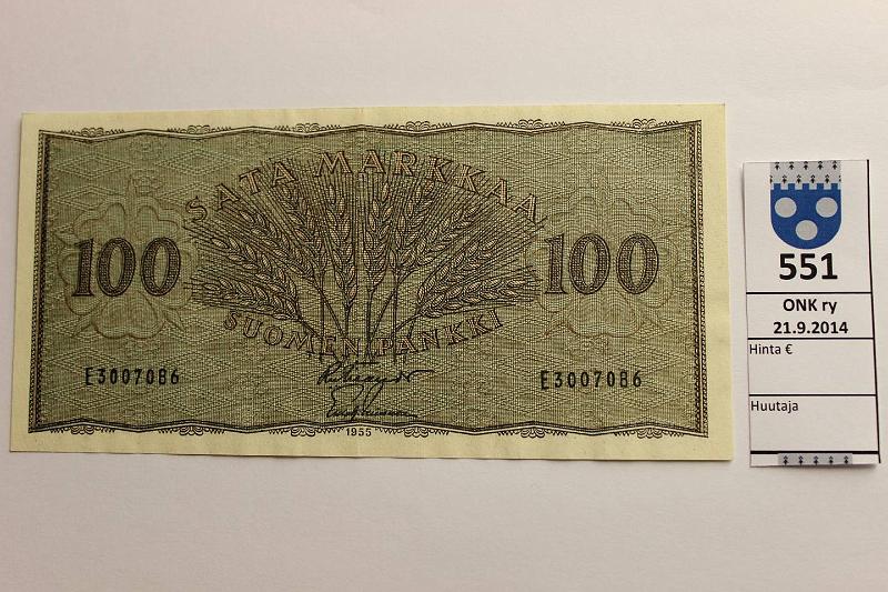 k-0551-a.jpg - Kohde 551, lhthinta: 10 € / myyntihinta: 13 € 100 mk 1955 SNY 181.1 E3007086 FIE-Lei, aaltoilua, kunto: 6