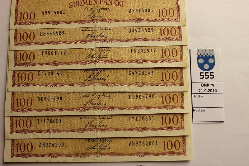 k-0555-a.jpg - Kohde 555, lhthinta: 15 € / myyntihinta: 32 € 100 mk 1957 (7) SNY 182.1 sarjat A, , , , (2), N, kunto: 4-5