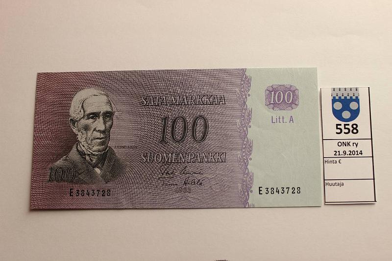 k-0558-a.jpg - Kohde 558, lhthinta: 30 € / myyntihinta: 32 € 100 mk 1963 LA SNY 183.3 E3843728 UUS-He, kunto: 7