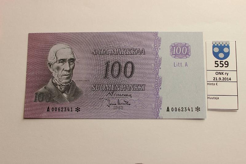 k-0559-a.jpg - Kohde 559, lhthinta: 700 € / myyntihinta: 770 € 100 mk 1963 LA A* SNY 183.4 A0062341* SIM-Ara, korvaava. Erittin harvinainen tss kunnossa!, kunto: 10