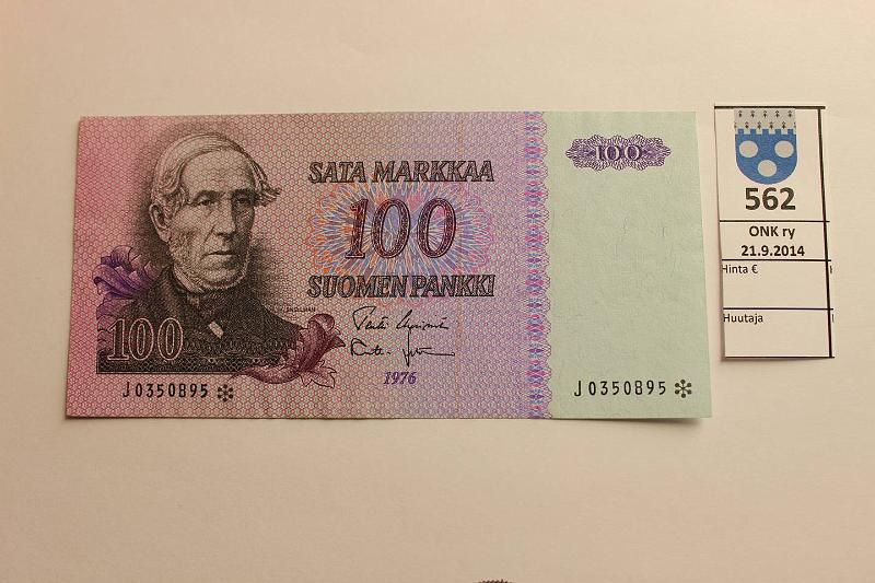 k-0562-a.jpg - Kohde 562, lhthinta: 25 € / myyntihinta: 25 € 100 mk 1976* SNY 184.2 J0350895* UUS-Leh, aaltoilua, korvaava, kunto: 6