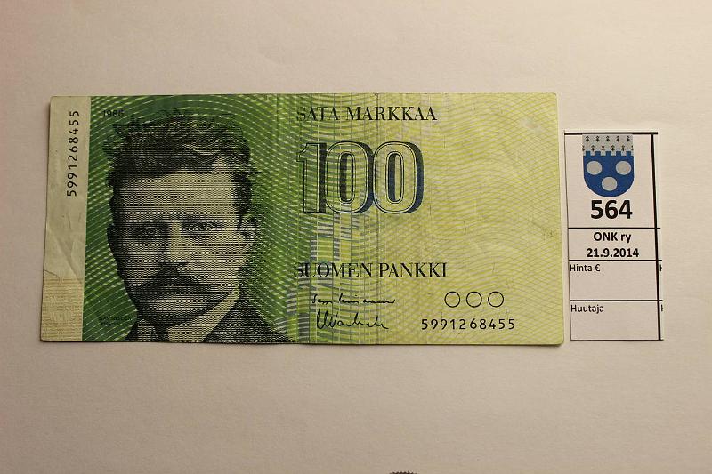 k-0564-a.jpg - Kohde 564, lhthinta: 25 € / myyntihinta: 31 € 100 mk 1986 599.. SNY 185.2 5991268455 LIN-Va1, 5mm rep, korvaava, kunto: 4