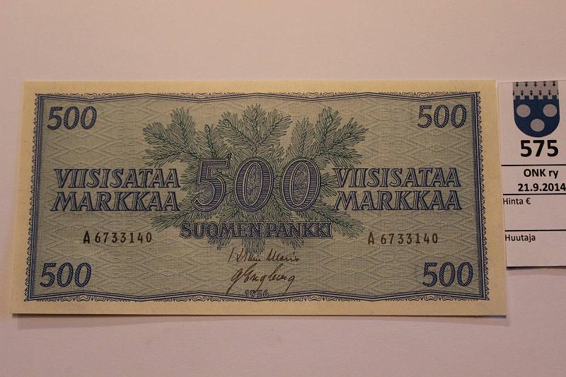 k-0575-a.jpg - Kohde 575, lhthinta: 90 € 500 mk 1956 SNY 192.1 A6733140 WAR-Eng, kellertv paperi, kunto: 8