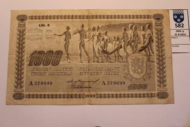 k-0582-a.jpg - Kohde 582, lhthinta: 100 € 1000 mk 1922 LC I SNY 197.4 A079699 BUR-Kiv, preik, prep. Harvinainen vaalea vri (vrt LA)! Harv. ak pari (v), kunto: 4