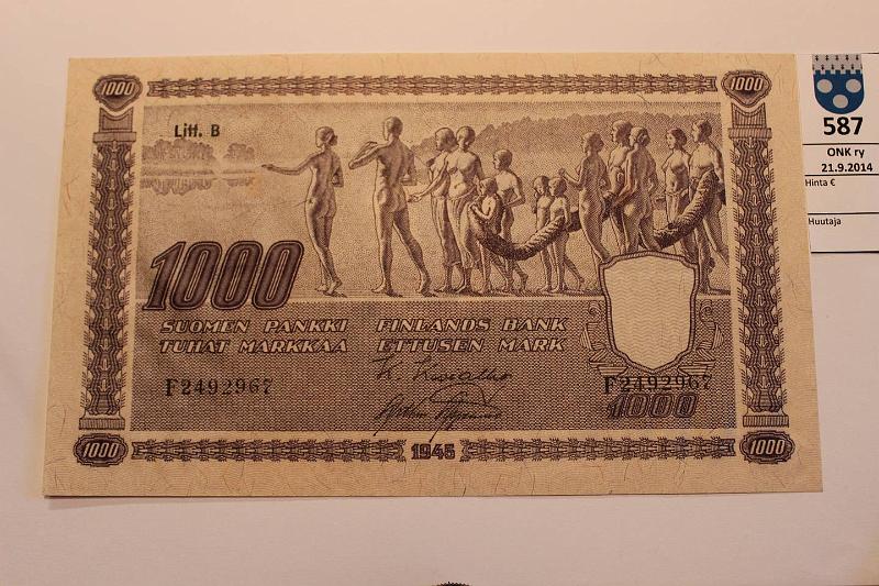 k-0587-a.jpg - Kohde 587, l�ht�hinta: 70 &euro; / myyntihinta: 70 &euro; 1000 mk 1945 LB SNY 199.3 F2492967 KIV-AAs, ristitaitos, aaltoilua, ptahra, kunto: 5