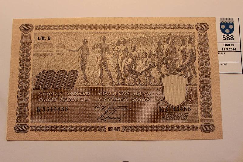 k-0588-a.jpg - Kohde 588, lhthinta: 70 € / myyntihinta: 70 € 1000 mk 1945 LB SNY 199.3 K3545488 JUT-Sac, harv. ak pari (v), kunto: 5
