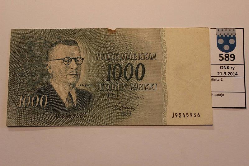k-0589-a.jpg - Kohde 589, lhthinta: 10 € / myyntihinta: 13 € 1000 mk 1955 SNY 200.1 J9245936 RO I-Sac, vl I, ylreunassa palojlki?, kunto: 3