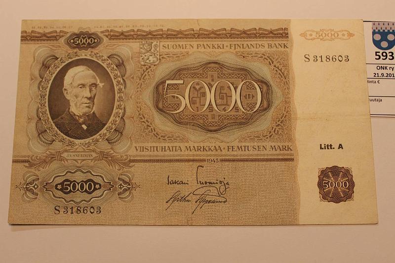 k-0593-a.jpg - Kohde 593, lhthinta: 150 € / myyntihinta: 245 € 5000 mk 1945 LA SNY 204 S318603 TUO-AAs, rep, takasivulla ohentumaa, kunto: 4