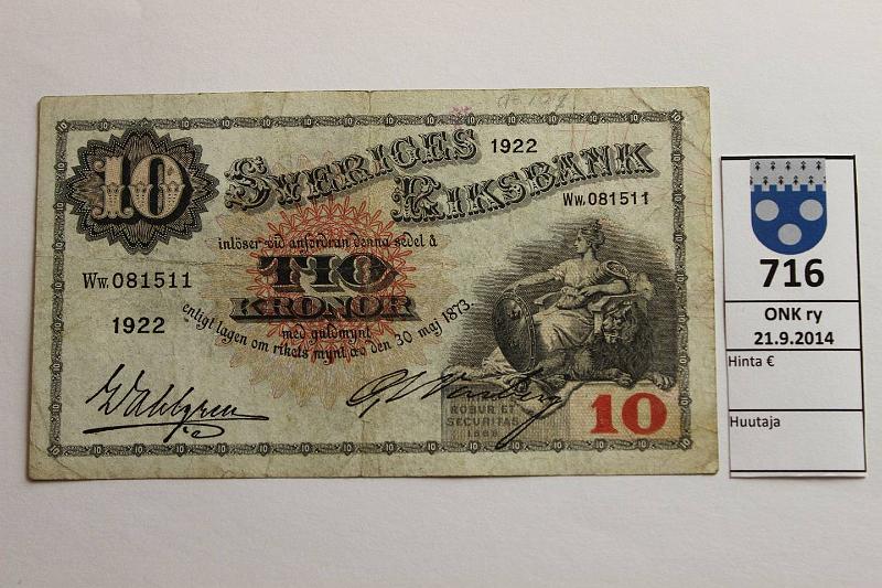 k-0716-a.jpg - Kohde 716, lhthinta: 10 € Ruotsi 10 kr 1922 P#34 Km, kunto: 4