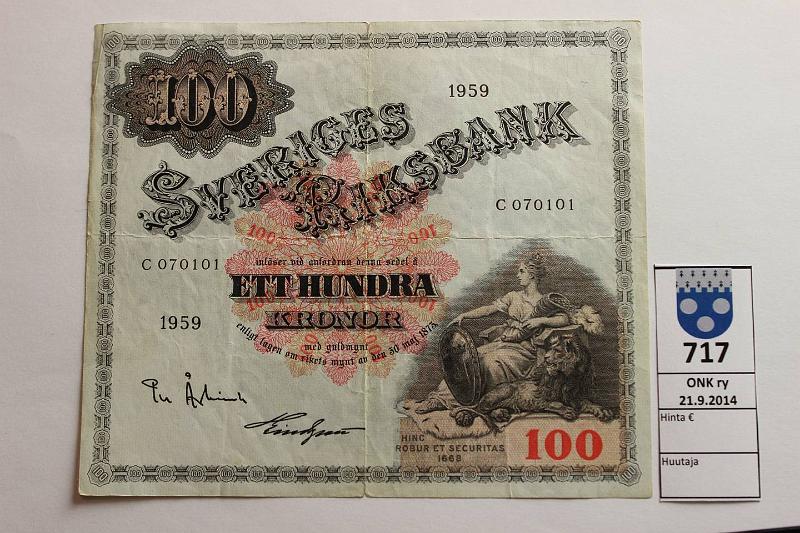 k-0717-a.jpg - Kohde 717, lhthinta: 10 € / myyntihinta: 10 € Ruotsi 100 kr 1959 P#45 2mm rep, kunto: 4