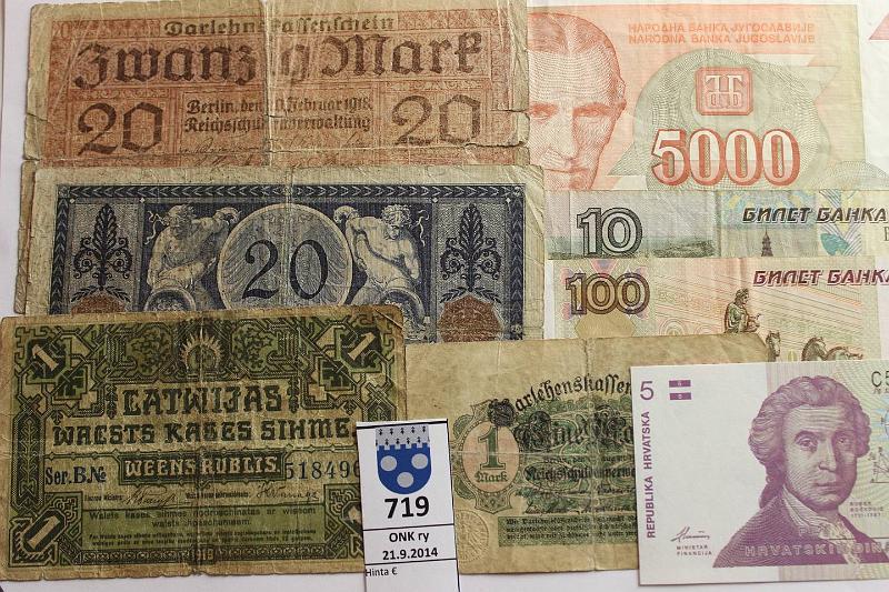 k-0719-a.jpg - Kohde 719, lhthinta: 5 € / myyntihinta: 5 € Er (8) 1914-97 Latvia 1r 1917 P#2, Saksa 1mk 1914 P#50, 20mk 1915 P#63 ja -18 P#57, nm viallisia kl 1-2. Lisksi uudempia kl 4-9: Venj 10 ja 100r 1997; Kroatia 50d 1991 ja Jugoslavia 5000d 1993, kunto: vk
