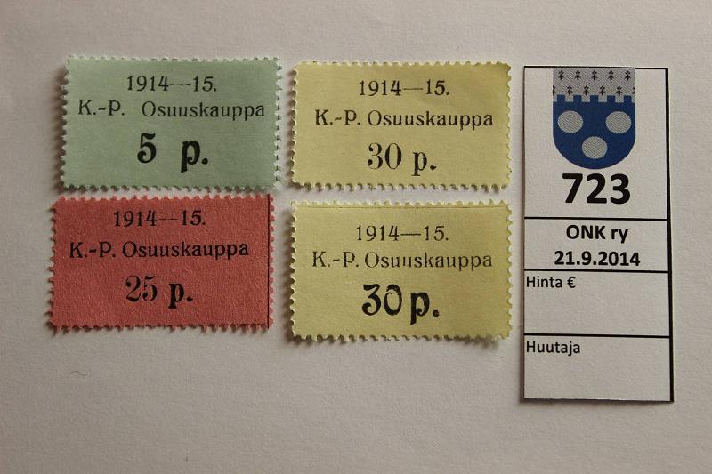 k-0723-a.jpg - Kohde 723, lhthinta: 5 € / myyntihinta: 5 € 5-30 p (4) 1914-15 K.-P. Osuuskauppa 5, 25, 30p (2 eril.). Ei Pasasen kirjassa, kunto: 8