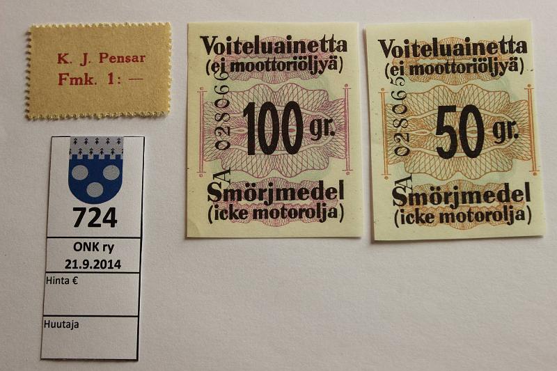 k-0724-a.jpg - Kohde 724, lhthinta: 5 € / myyntihinta: 5 € 1 mk Nykarleby K.J. Pensar Fmk 1:-. Lisksi voitelukupongit 50g ja 100g, kunto: 8