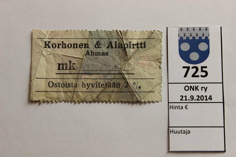 k-0725-a.jpg - Kohde 725, lhthinta: 50 € / myyntihinta: 50 € 0.02 Ostohyvityslipuke Korhonen & Alapirtti, Ahmas, Tahroja. Ei Pasasen kirjassa, harvinainen!, kunto: 3