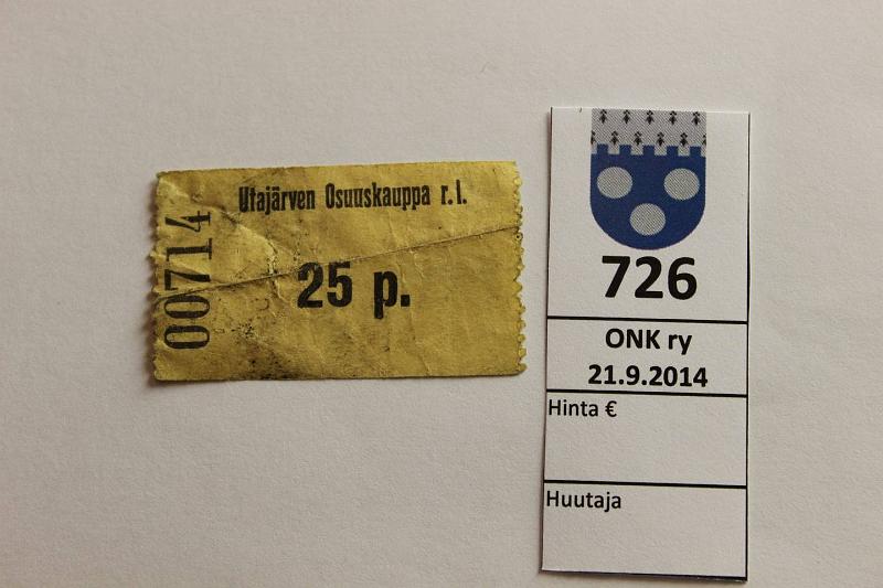 k-0726-a.jpg - Kohde 726, lhthinta: 20 € / myyntihinta: 20 € 25 p Ilman vuosilukua Utajrven Osuuskauppa r.l. n:o 07735, tahroja, reik. UO:n vaihtomerkkej ei mainita Pasasen kirjassa, harvinaisia!, kunto: 3