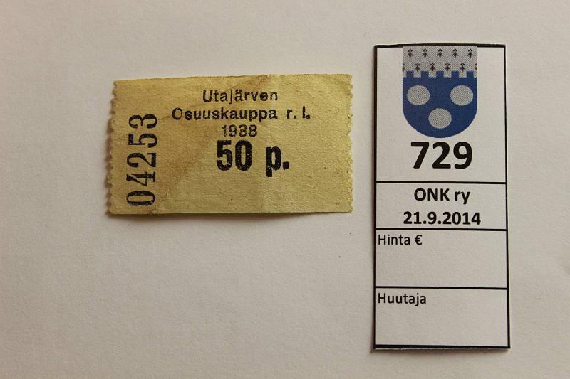 k-0729-a.jpg - Kohde 729, lhthinta: 20 € / myyntihinta: 20 € 50 p 1938 Utajrven Osuuskauppa r.l. n:o 042553, kunto: 4