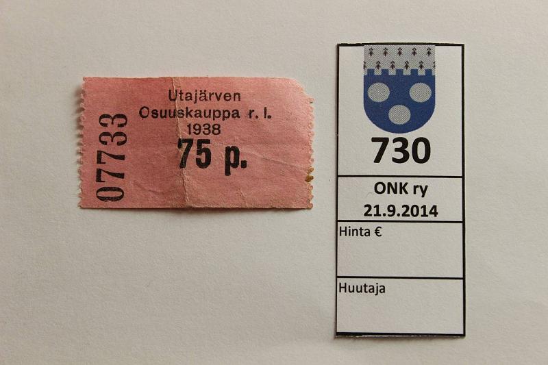 k-0730-a.jpg - Kohde 730, lhthinta: 20 € / myyntihinta: 20 € 75 p 1938 Utajrven Osuuskauppa r.l. n:o 07733, nurkkapuutos, kunto: 4