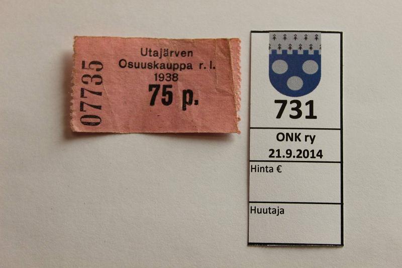 k-0731-a.jpg - Kohde 731, lhthinta: 20 € / myyntihinta: 20 € 75 p 1938 Utajrven Osuuskauppa r.l. n:o 07735, tahroja, prvja, kunto: 4