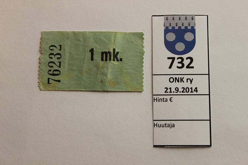 k-0732-a.jpg - Kohde 732, lhthinta: 20 € / myyntihinta: 20 € 1 mk Ilman vuosilukua Kuten UO, mutta ilman kauppahuoneen merkintj, n:o 76232, ep.tahroja, kunto: 5