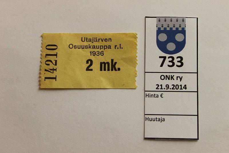 k-0733-a.jpg - Kohde 733, lhthinta: 20 € / myyntihinta: 20 € 2 mk 1936 Utajrven Osuuskauppa r.l. n:o 14210, kunto: 6