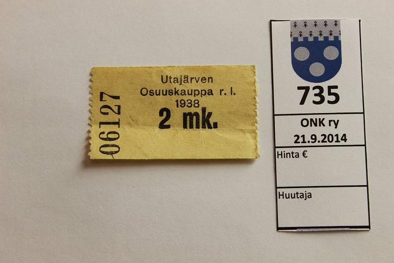 k-0735-a.jpg - Kohde 735, lhthinta: 20 € / myyntihinta: 24 € 2 mk 1938 Utajrven Osuuskauppa r.l. n:o 06127, kunto: 6