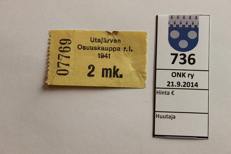 k-0736-a.jpg - Kohde 736, l�ht�hinta: 20 &euro; / myyntihinta: 20 &euro; 2 mk 1941 Utaj�rven Osuuskauppa r.l. n:o 07769, paloj�lki, kunto: 4