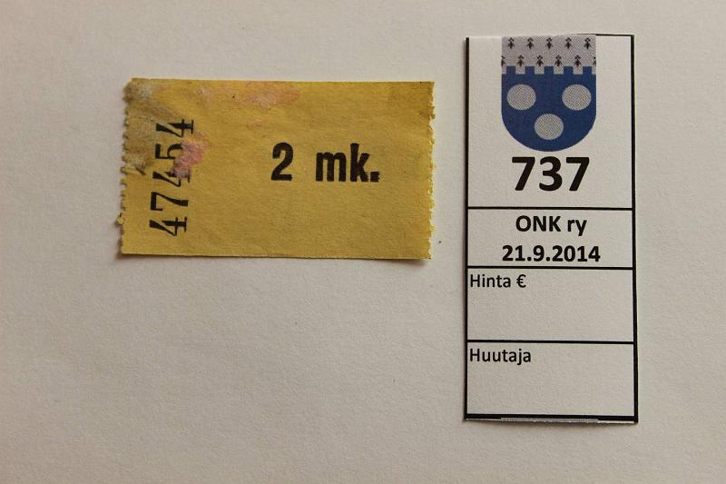k-0737-a.jpg - Kohde 737, lhthinta: 20 € / myyntihinta: 20 € 2 mk Ilman vuosilukua Identtinen lipuke ilman kauppahuoneen merkintj, n:o 47454, likaa, kunto: 5