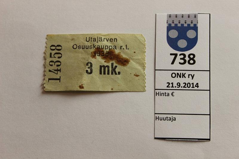 k-0738-a.jpg - Kohde 738, lhthinta: 20 € / myyntihinta: 20 € 3 mk 1936 Utajrven Osuuskauppa r.l. n:o 14358, iso rasvatahra, kunto: 4