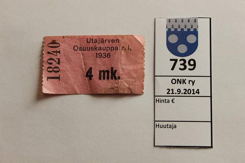 k-0739-a.jpg - Kohde 739, lhthinta: 20 € / myyntihinta: 20 € 4 mk 1936 Utajrven Osuuskauppa r.l. n:o 18240, ptahroja, prvja, kunto: 4