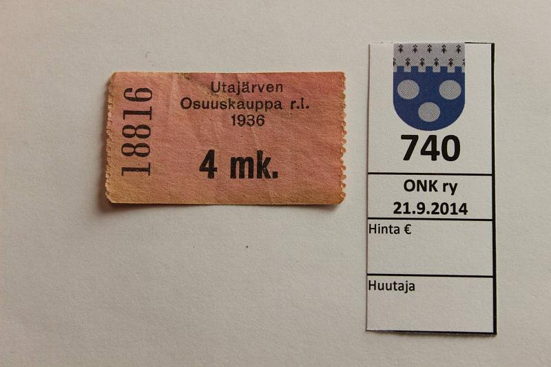 k-0740-a.jpg - Kohde 740, lhthinta: 20 € / myyntihinta: 21 € 4 mk 1936 Utajrven Osuuskauppa r.l. n:o 18816, kunto: 5