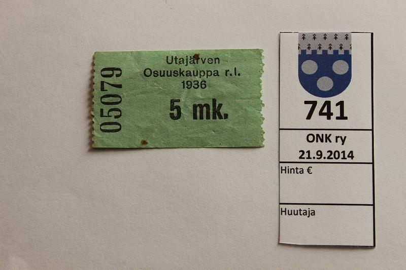 k-0741-a.jpg - Kohde 741, lhthinta: 20 € / myyntihinta: 20 € 5 mk 1936 Utajrven Osuuskauppa r.l. n:o 05079, ptahroja, kunto: 5