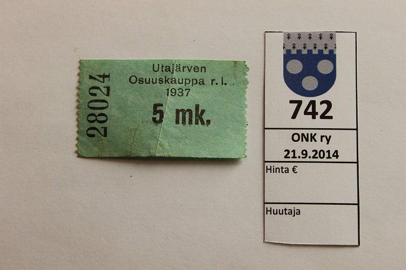 k-0742-a.jpg - Kohde 742, lhthinta: 20 € / myyntihinta: 20 € 5 mk 1937 Utajrven Osuuskauppa r.l. n:o 28024, ptahroja, kunto: 5