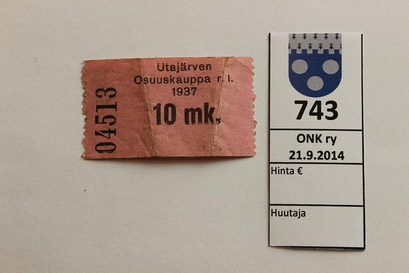 k-0743-a.jpg - Kohde 743, lhthinta: 20 € / myyntihinta: 20 € 10 mk 1937 Utajrven Osuuskauppa r.l. n:o 04513, kunto: 4
