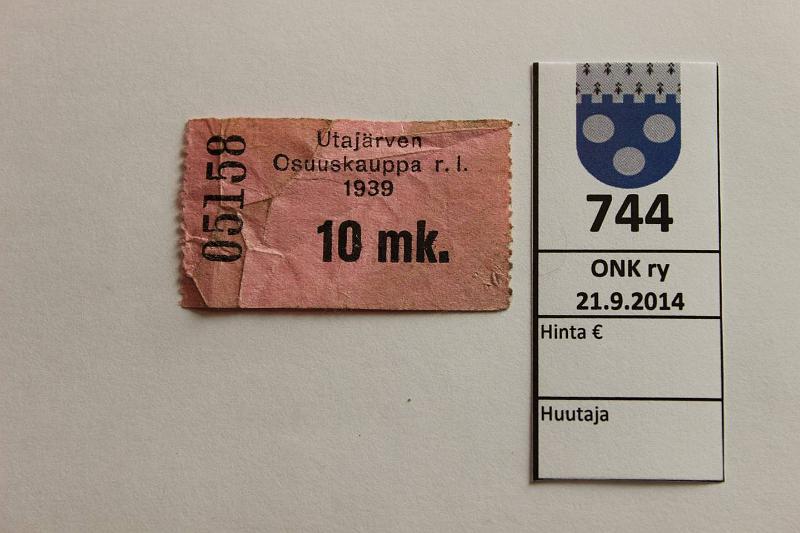 k-0744-a.jpg - Kohde 744, lhthinta: 20 € / myyntihinta: 20 € 10 mk 1939 Utajrven Osuuskauppa r.l. n:o 05158, kunto: 3